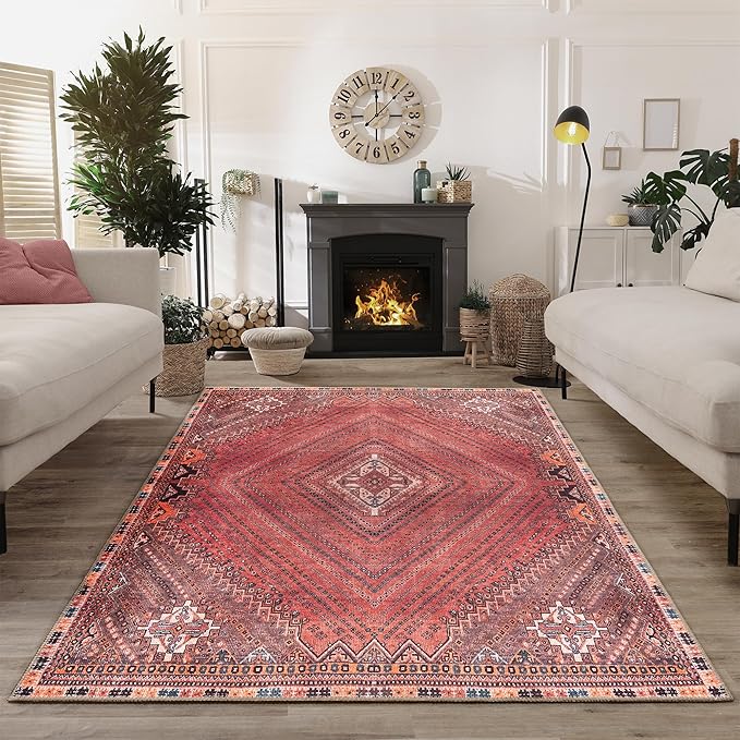Bloom Rugs Washable Non-Slip 3' x 5' Rug - Red/Multicolor Traditional Bordered Area Rug for Living Room, Bedroom, Dining Room, and Kitchen - Exact Size: 3' x 5'
