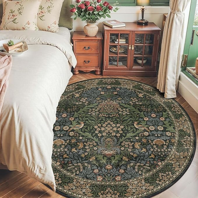 6ft Round Area Rugs for Living Room, Washable Floral Circle Rug Non Slip Low Pile, Vintage Boho Botanical Birds Throw Carpet for Farmhouse, Bedroom, Dining Room, Retro Gold/Green