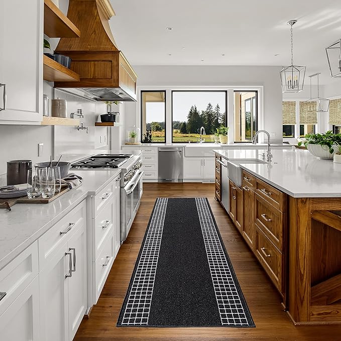 Custom Made Runner Rug for Kitchen Foyer Hallway Entry Choose Your Length 26 Inch Wide Geometric Checkered Design Black Color (15 feet x 26 inch)