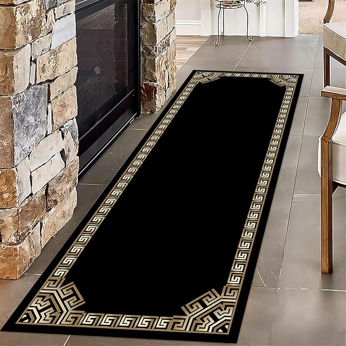 Greek Key Runner Rug for Entryway, 2x8ft, Black Gold Geometric Border Area Rugs for Bedroom, Meander Pattern Fade Resistant Home Decor Carpet, Soft Reduce Noise Entry Mat for Kitchen