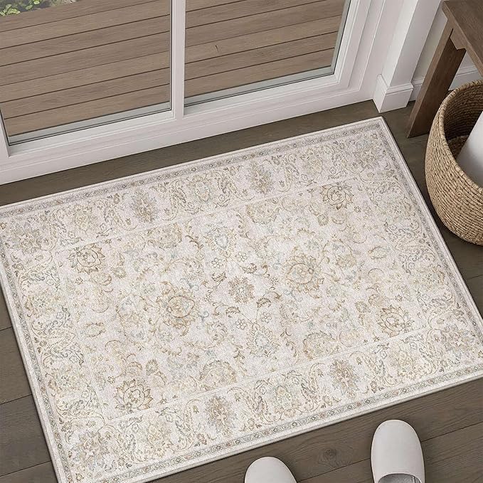 HUGEAR 2x3 Machine Washable Entryway Rugs Vintage Grey - Neutral Non Slip Stain Resistant Low Pile Aesthetic Throw Carpet Kids & Pet Friendly for Hallway Bedroom Kitchen