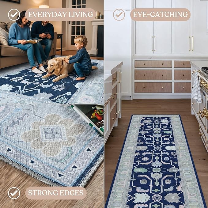 Fame Living Navy Blue Oushak Runner Rug, Modern Runners, Vintage, Turkish, Eclectic, Floral, Pastel, Washable, Long Runner Rugs for Hallway, Kitchen, Living Room, Bedroom, Kitchen, Bathroom, 2'5"x13'