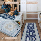 Fame Living Navy Blue Oushak Rug, Modern, Vintage, Turkish, Eclectic, Floral, Pastel, Washable, Oversized, Extra Large Area Rugs for Living Room, Dining, Bedroom, Lounge 9'5"x14'