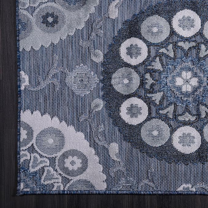 CAMILSON Indoor Outdoor Rug 8x10 Bohemian Medallion Floral Area Rugs for Indoor and Outdoor Patios Easy-Cleaning Non-Shedding Living Room Garden and Kitchen Washable Outside Carpet (8 x 10 / Navy)