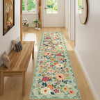 DUKINO 2x8 Runner Rug for Hallway, Washable Kitchen Runner Rug with Rubber Backing Non Slip, Low Pile Soft Boho Floral Thin Carpet for Entryway, Hallway, Bathroom, Laundry Room, Green