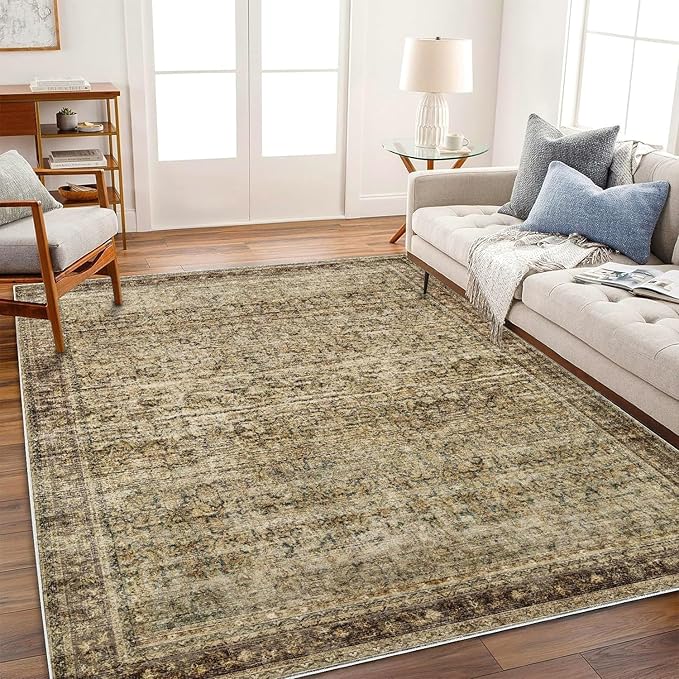 Area Rug 6x9 Washable Rug Dark Brown Vintage Traditional Distressed Thin Retro Kitchen Indoor Floor Cover Non Slip Carpet Floral Print Mat Living Room Bedroom Dining Room
