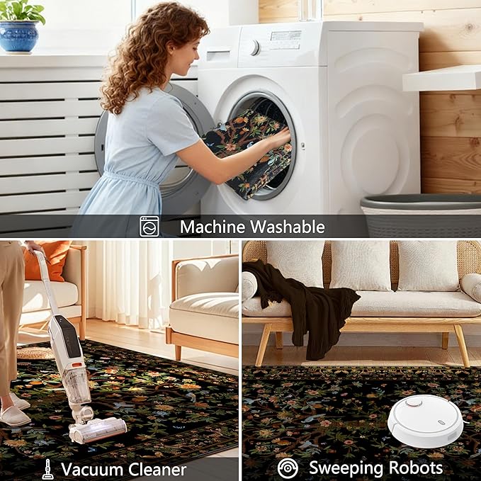 8x10 Area Rugs for Living Room, Machine Washable Non-Slip Carpet, Boho Floral Low Pile Throw Rugs for Bedroom, Dining Room, Office, Nursery, Vintage Home Decor（Black）