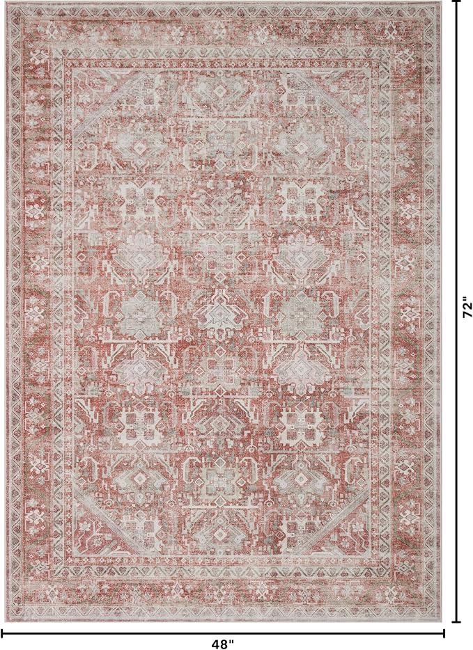 Kuden 4x6 Area Rug, Machine Washable Area Rug with Non-Slip Backing, Vintage Style, Soft, Easy Clean, Low Pile Rug for Living Room, Bedroom, Dining Room