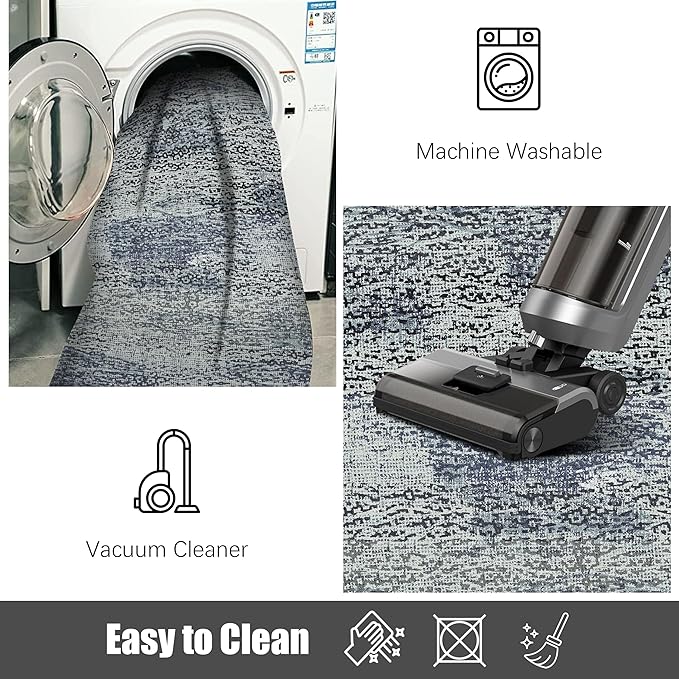 RUGSURE Washable Area Rug - 1/6 Thick - Stain & Water Resistant Non-Slip - Resistant Rug for Living Room, Bedroom, Nursery, Pet & Child Friendly, Vintage Charm Area Rugs (Grey+LightTeal, 9' x 12')