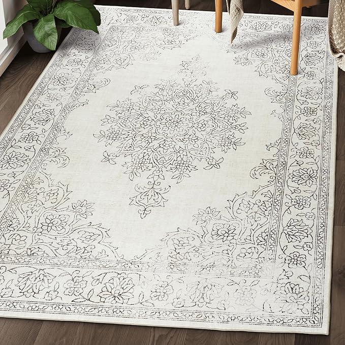 ReaLife Rugs Machine Washable Area Rug - Living Room Bedroom Bathroom Kitchen Entryway Office - Padded Low Pile Stain Resistant Premium - Boho Farmhouse Vintage - Paige - Ivory 5' x 7'