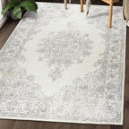 ReaLife Rugs Machine Washable Area Rug - Living Room Bedroom Bathroom Kitchen Entryway Office - Padded Low Pile Stain Resistant Premium - Boho Farmhouse Vintage - Paige - Ivory 4' x 6'