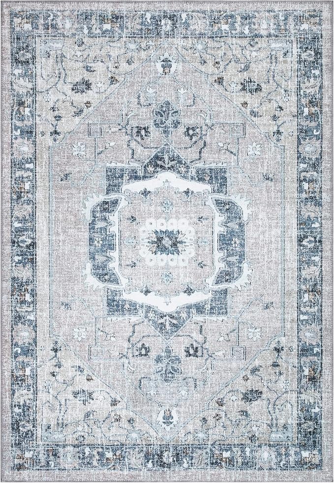 Bloom Rugs Washable Non-Slip 5' x 7' Rug - Pebble Gray/Blue Traditional Medallion Area Rug for Living Room, Bedroom, Dining Room, and Kitchen - Exact Size: 5' x 7'