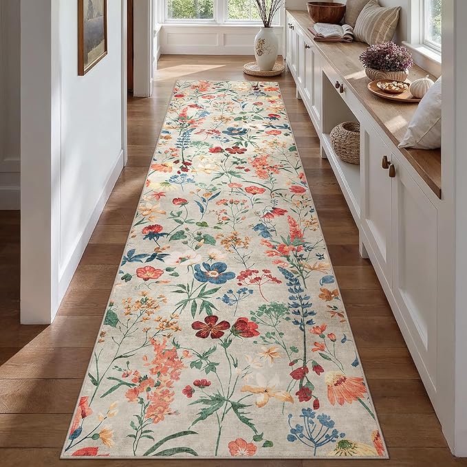 Floral Runner Rug 2x10 Washable Hallway Long Beige Bedroom Carpet Non Slip Indoor Boho Kitchen Low Pile Accent Rug Lightweight Soft for Bathroom Dining Laundry Living Room