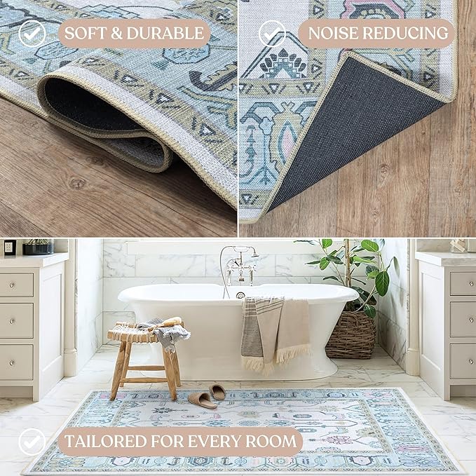 Fame Living Cream Green Oushak Rug, Modern Small Rugs, Vintage, Turkish, Eclectic, Floral, Pastel, Washable, Door Mat, Doormat for Indoor Entrance, Entryway, Kitchen, Bathroom, Bedroom, Laundry, 2'x3'