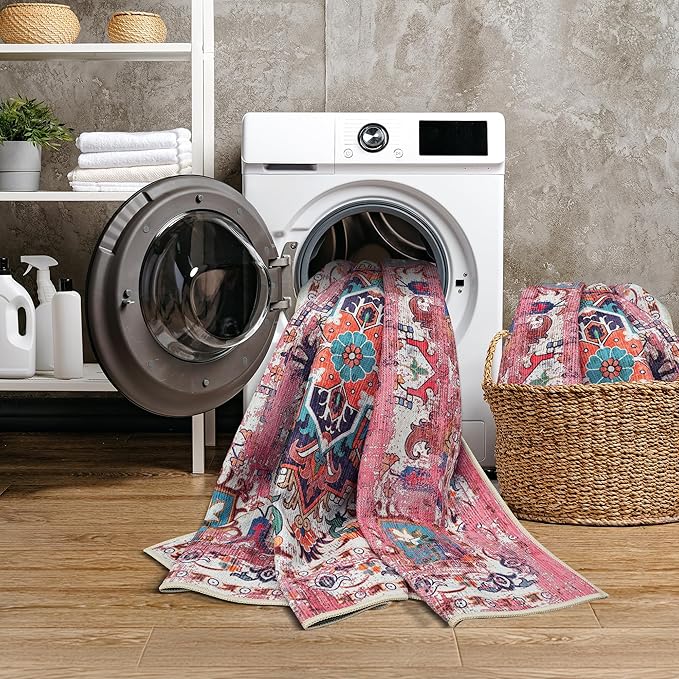 GLN Rugs Traditional Collection - Machine Washable Area Rug, Traditional Washable, Non Slip, Low Pile Chenille Rug, Living Room, Bedroom, Kitchen Rug (9' x 12' Pink/Multicolor)