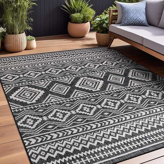 Beverly Rug Waikiki Boho Indoor Outdoor Rug 10x14, Washable Outside Carpet for Patio, Deck, Porch, Bohemian Area Rug, Farmhouse Rugs, Aztec Tribal Rug, Black and White