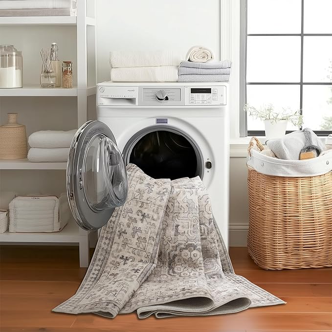 ReaLife Rugs Machine Washable Area Rug - Living Room Bedroom Bathroom Kitchen Entryway Office - Padded Low Pile Stain Resistant Premium - Boho Farmhouse Vintage - Paz - Beige Gray Ivory 2'6" x 10'