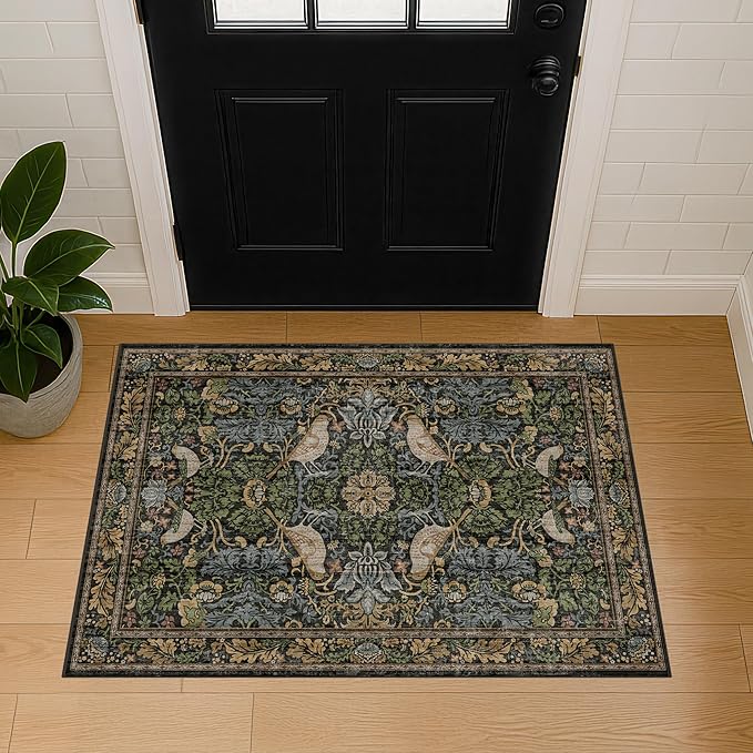 Washable Dark Vintage Floral Rugs for Entryway - Small 2x3 Washable Rug for Kitchen Bathroom Door Mat Indoor Entrance with Bird & Botanical Pattern, Brown Earthy Tones, Non Slip Low Pile