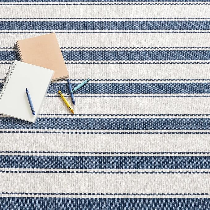 Dash & Albert Awning Stripe Blue Machine Washable Rug, 4 X 6 Feet, Blue Stripe Pattern