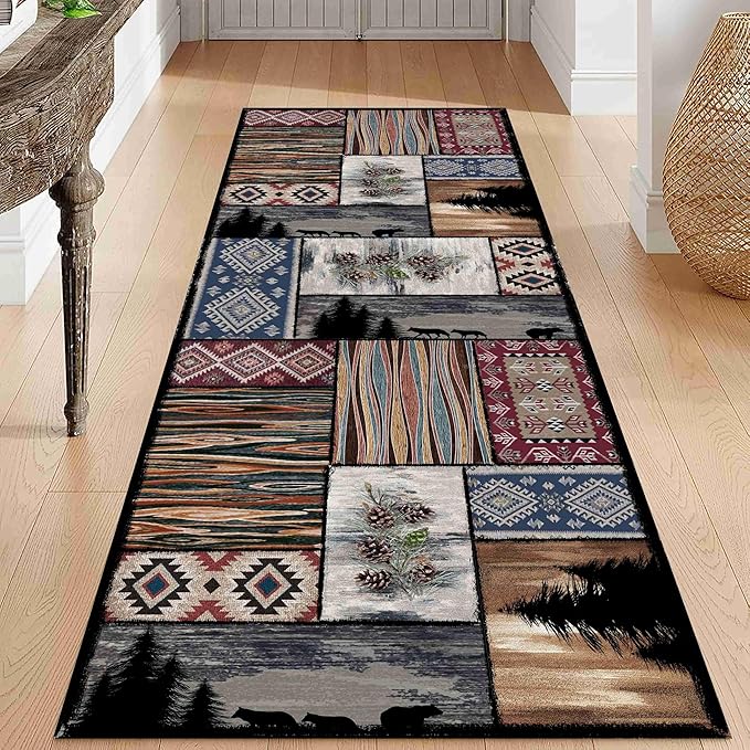 Rustic Country Woodland Animal Bear Wolf Multicolor Country Rug, 2.6x10ft, Southwestern Native American Hunting Hallway Carpet, Washable Fade Resistant Throw Rug