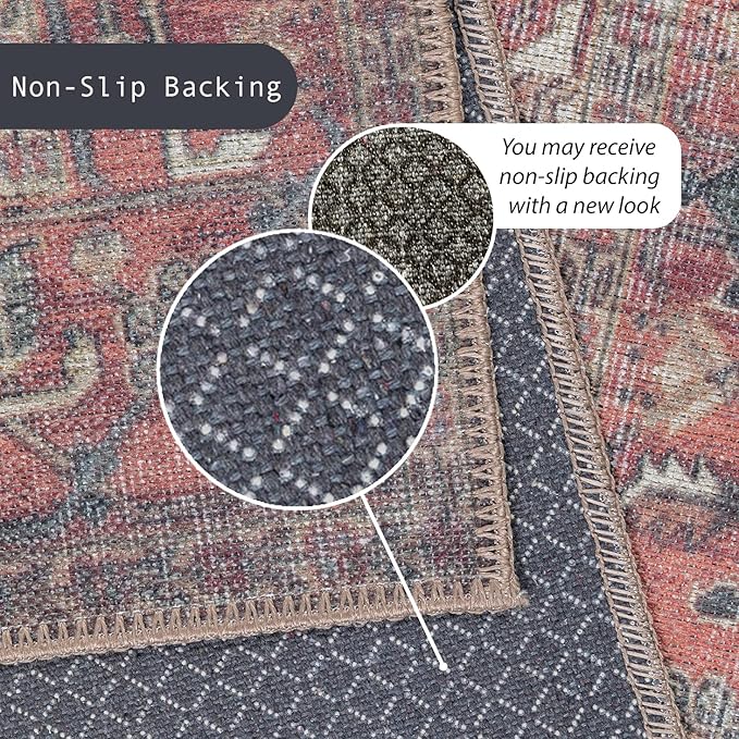 GLN Rugs Traditional Collection - Machine Washable Area Rug, Traditional Washable, Non Slip, Low Pile Chenille Rug, Living Room, Bedroom, Kitchen Rug (4' x 6' Black/Terra)