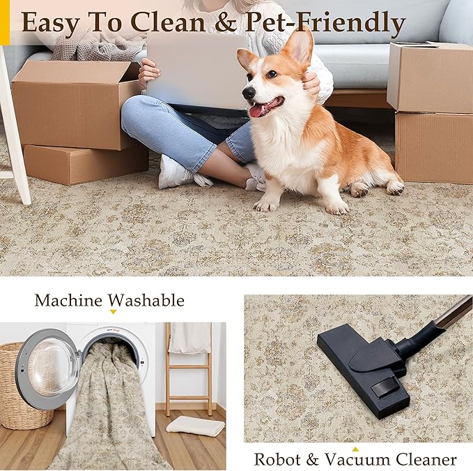 HUGEAR 2x3 Entryway Rug Retro Beige Small Area Rug Machine Washable Door Mat Vintage Floral Low Pile Carpet Vacuumable Distressed Throw Rug Entrance Kitchen Bathroom Bedroom Non Slip Lightweight