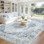 8x10 Area Rugs Washable Rugs for Living Room, Large Vintage Boho Rug Non-Slip Soft Floral Distressed Rug Low Pile Stain Resistant Carpet for Bedroom Nursery Office Dining Room Farmhouse(Blue, 8'x10')