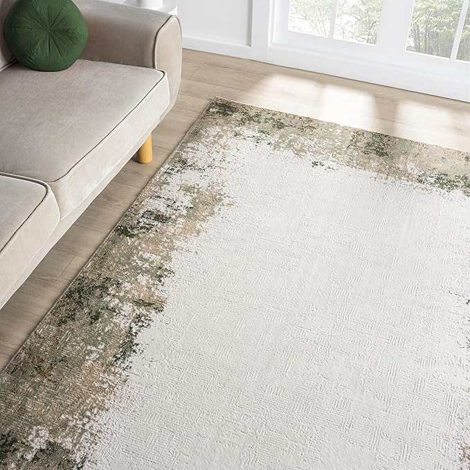 Abani Beige with Green Border Washable Area Rug – 6' x 9' – Classic Textured Design – Ivy Collection – Non-Shedding, Easy to Clean – Durable for High Traffic Areas – Living Room & Bedroom