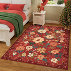DUKINO 5x7 Area Rug, Floral Rugs for Living Room, Lightweight Non Slip Washable Rug, Indoor Low Pile & Non-Shedding Boho Design Rugs for Bedroom, Living Room, Dining Room, Red