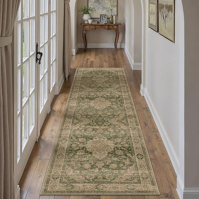 HUGEAR 2x8 Runner Rug Hallway Machine Washable Retro Green Vintage Floral Low Pile Carpet Distressed Long Throw Rug Bedroom Office Bathroom Kitchen Laundry Non Slip Soft Lightweight