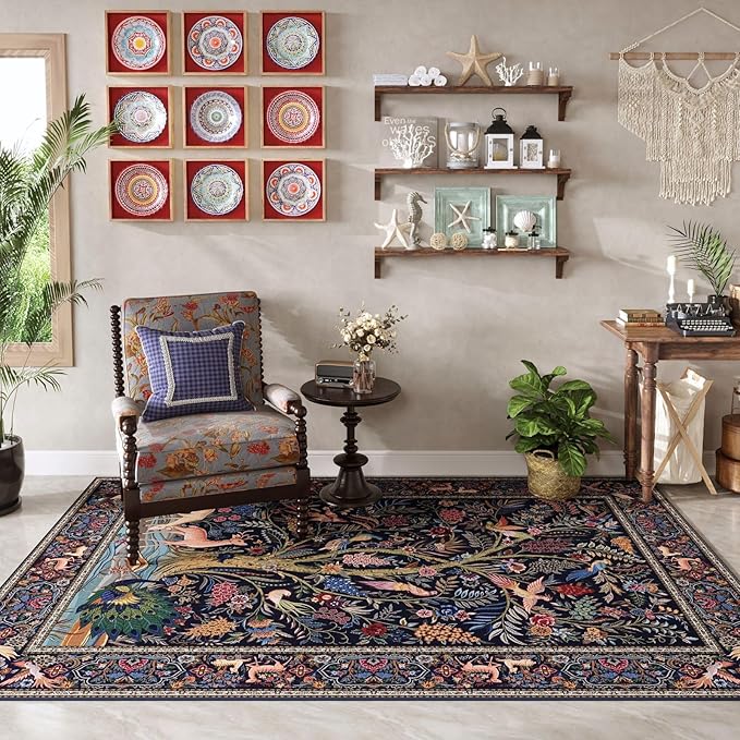 Rugcomf Area Rugs 4x6 Vibrant Tree of Life-Patterned Vintage Washable Rugs Non Slip Low Pile Small Carpet for Bedroom Bedside Kids Room Office Dining Room, Blue