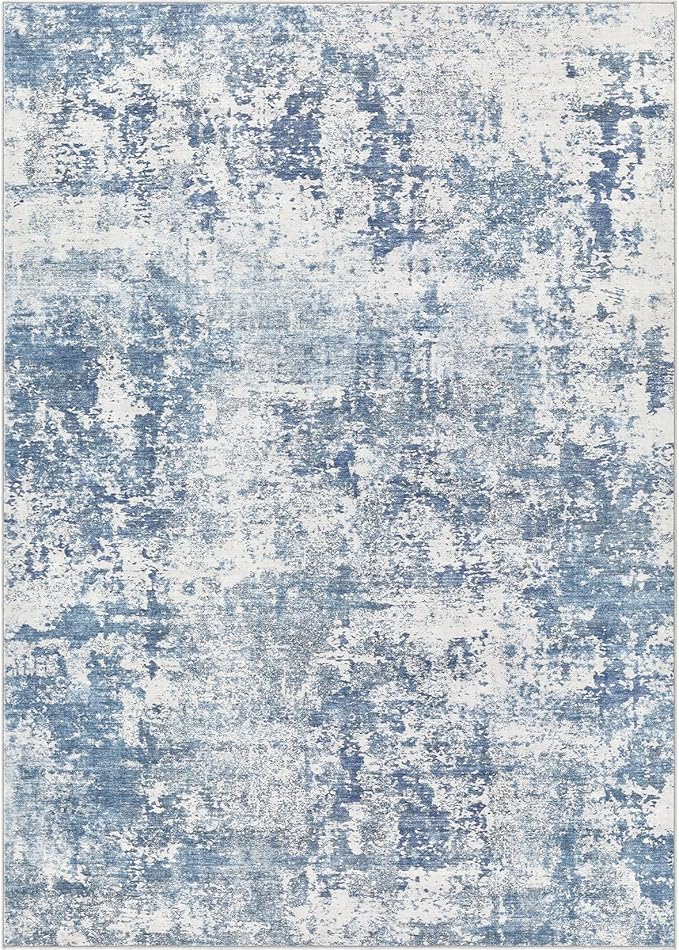 9x12 Area Rug Living Room Rugs - Washable Neutral Modern Abstract Soft Thin Rug Indoor Floor No Slip Rug Carpet for Bedroom Under Dining Table Home Office Decor - Blue White