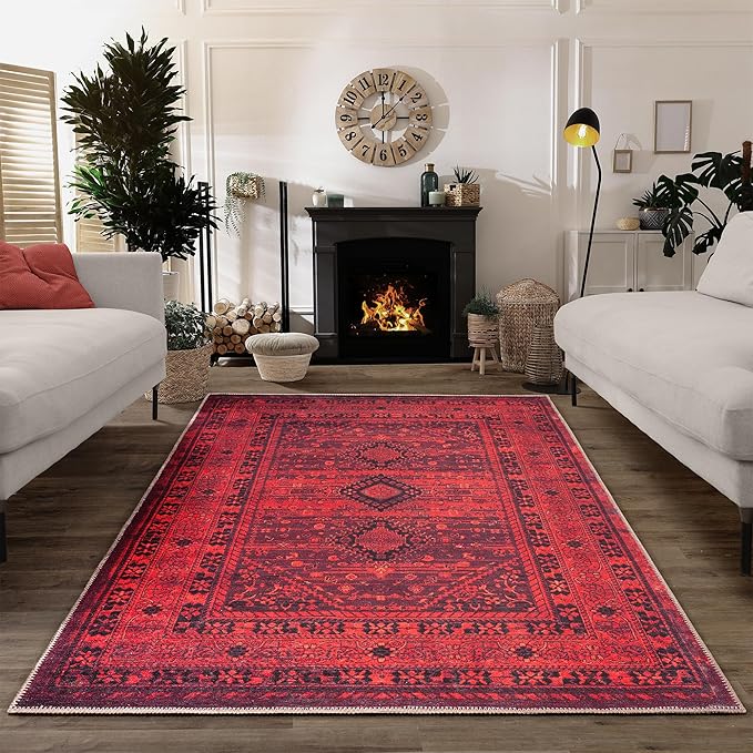 Bloom Rugs Washable Non-Slip 3' x 5' Rug - Red Traditional Bordered Area Rug for Living Room, Bedroom, Dining Room, and Kitchen - Exact Size: 3' x 5'