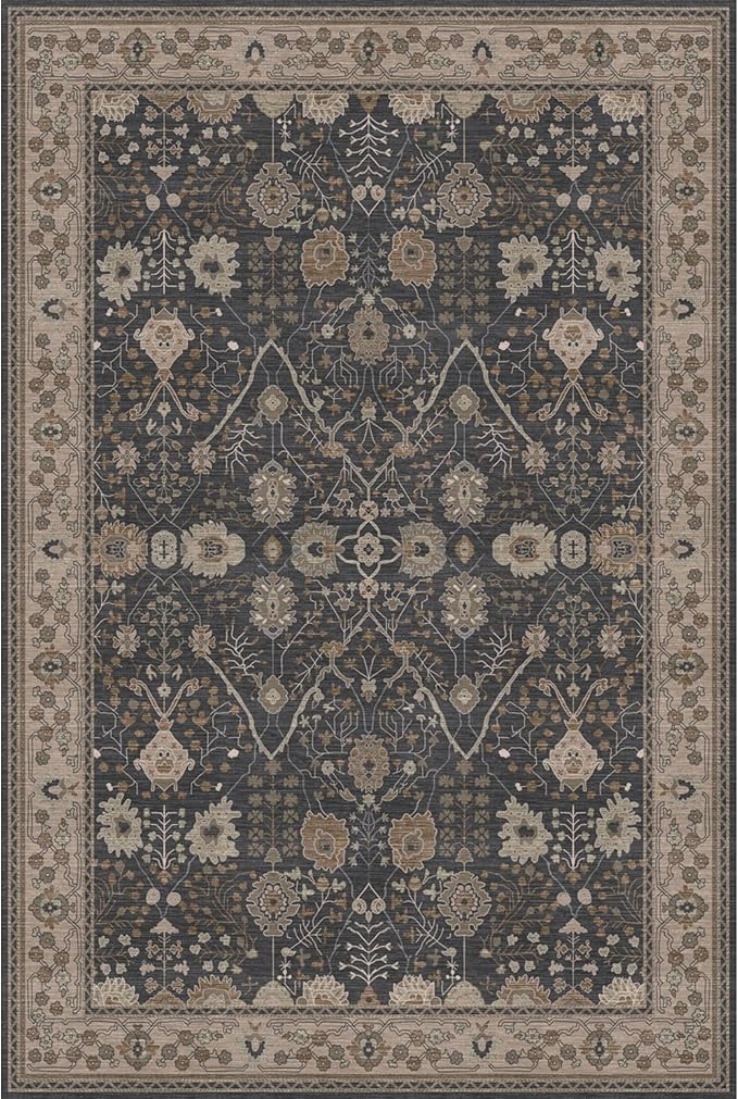 Kuden 5x7 Area Rug, Machine Washable Area Rug with Non-Slip Backing, Vintage Style, Soft, Easy Clean, Low Pile Rug for Living Room, Bedroom, Dining Room