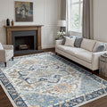 8x10 Area Rug Machine Washable Boho Rug for Living Room,Ultra-Thin Low Pile Carpet,Lightweight Indoor Printed Rug,Non Slip Floral Area Rug for Bedroom, Dining Room, Home Office,Blue