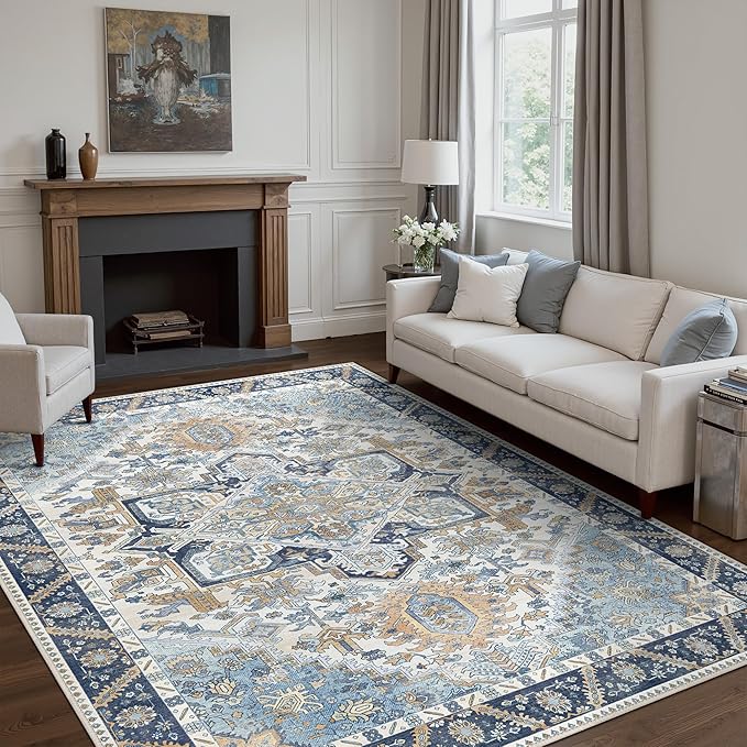 8x10 Area Rug Machine Washable Boho Rug for Living Room,Ultra-Thin Low Pile Carpet,Lightweight Indoor Printed Rug,Non Slip Floral Area Rug for Bedroom, Dining Room, Home Office,Blue