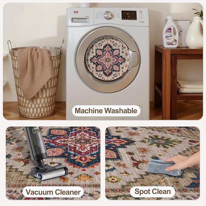 Tangsoo Vintage Small Rug 2x3 Washable Rugs for Entryway Non-Slip Oriental Low Pile Rug for Front Door, Kitchen, Indoor, Accent Throw Small Area Rug, Door Mat for Entrance, Soft Boho Beige/Red