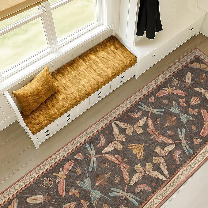 2'6"x8' 8ft Long Hallway Runner Rug, Stain Resistant Non-Slip Kitchen Floor Mats, Boho Front Door Rug Indoor Entrance, Whimsical Insect Moth Décor, Low Pile & Soft (Orange and Brown)