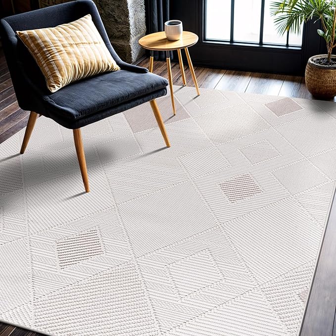 CAMILSON Micro Loop Rug 4x6 Modern Luxury Geometric Diamond Trellis Area Rugs Soft High and Low Pile Stain Resistant Easy-Cleaning Non-Shedding for Living Room Office Indoor Carpet (4 x 6 White-Beige)
