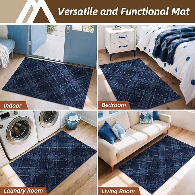COSY HOMEER Plaid Door Mat 20" x 32",Dirt Trapper Entryway Rugs,Non-Slip Washable Farmhouse Doormat,Low Profile Welcome Mats for Paws Navy Blue