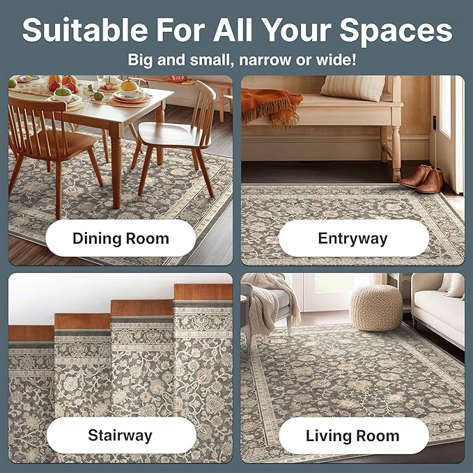 Well Woven Asha Rome Charcoal Brown 7'7" x 9'10" Area Rug - Oriental Floral Pattern, Easy Clean, Floor-Friendly Backing - for Living Room, Bedroom, and Dining Room