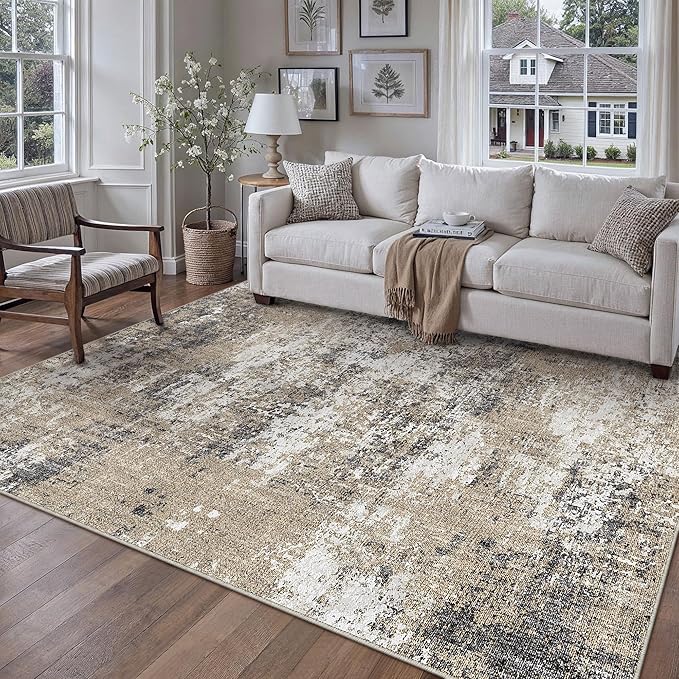 5x7 Abstract Area Rug Brown Washable Non Slip Living Room Carpet Modern Neutral Low Pile Ultra Soft Bedroom Throw Rug Contemporary Indoor for Kitchen Office Laundry Dining Room Bathroom