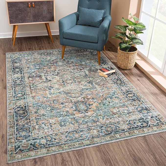 Bloom Rugs Washable Non-Slip 2x3 Rug - Blue Green/Tangerine Traditional Oriental Area Rug for Living Room, Bedroom, Dining Room, and Kitchen - Exact Size: 2' x 3'