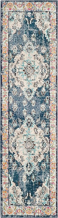 SAFAVIEH Monaco Collection Runner Rug - 2'2" x 22', Navy & Light Blue, Boho Chic Medallion Distressed Design, Non-Shedding & Easy Care, Ideal for High Traffic Areas in Living Room, Bedroom (MNC243N)