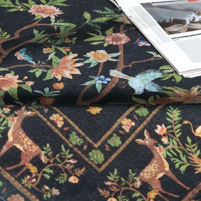 Black Area Rug 3x5 Washable, Non-Slip Small Rug Carpet, Floral Boho Low Pile Soft Throw Rugs for Entryway, Bedroom, Kids Room, Dorm, Office, Nursery, Vintage Home Decor