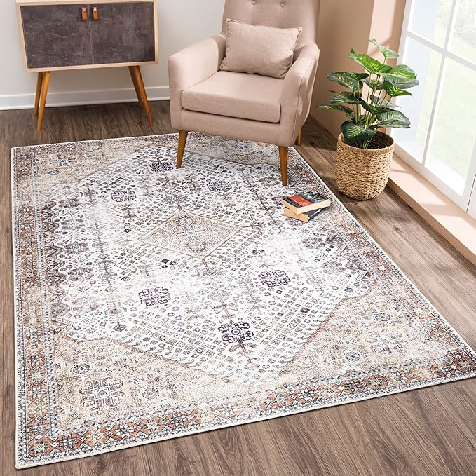Bloom Rugs Washable Non-Slip 3' x 5' Rug - Sand/Orange/Purple Traditional Medallion Area Rug for Living Room, Bedroom, Dining Room, and Kitchen - Exact Size: 3' x 5'