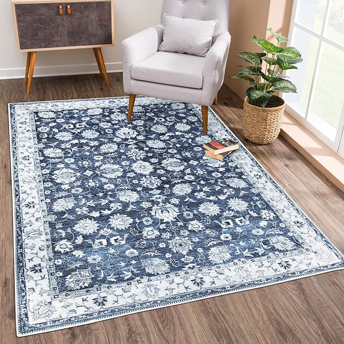 Bloom Rugs Washable Non-Slip 10x14 Rug - Dark Blue Traditional Bordered Area Rug for Living Room, Bedroom, Dining Room, and Kitchen - Exact Size: 10' x 14'