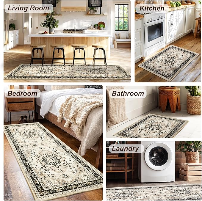 XWZO Runner Rug 2x10ft for Long Hallways, Washable Non-Slip Low Pile Area Rug with Rubber Backing, Spill Resistant Soft Vintage Floor Carpet for Kitchen Entryway Stair Landing Bedroom, Brown Beige