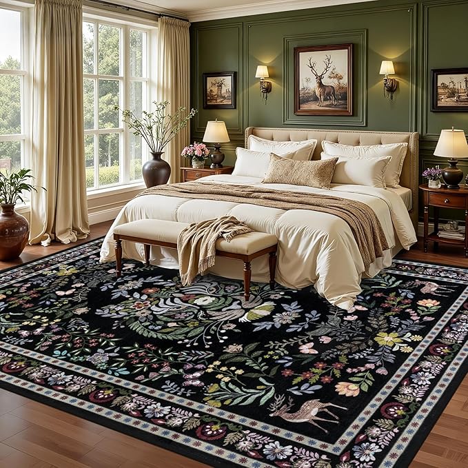 5x7 Area Rugs Living Room Rug: Vintage Washable Rug Floral Soft Carpet Indoor Floor Non-Slip Boho Stain Resistant Large Carpets for Bedroom Kids Nursery Dining Room Farmhouse Home Office Black