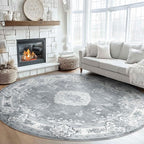 MUJOO Grey Round Rug 9ft,Large Circle Washable Area Rugs for Bedroom Living Room Bathroom,Boho Non Slip Circular Carpet,Floral